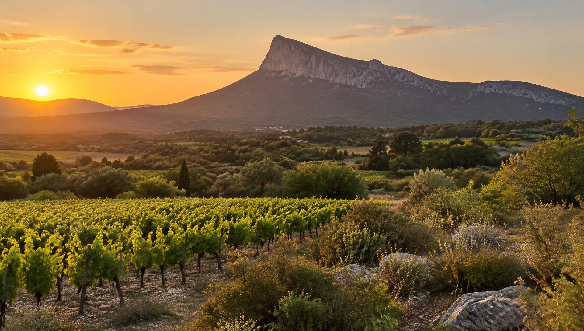 Le Pic Saint-Loup au coucher du soleil, au-dessus des vignes